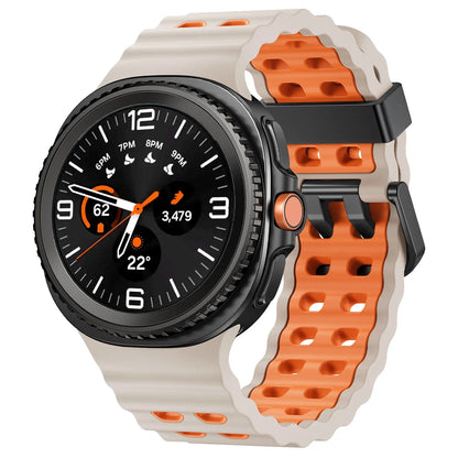 Silicone Breathable Sport Band for Samsung Galaxy Watch 8/Classic 46mm on a smartwatch with orange and white design