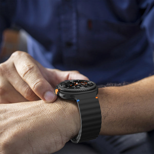 Black silicone sport band for Samsung Galaxy Watch 9 and Watch 8 shown on wrist
