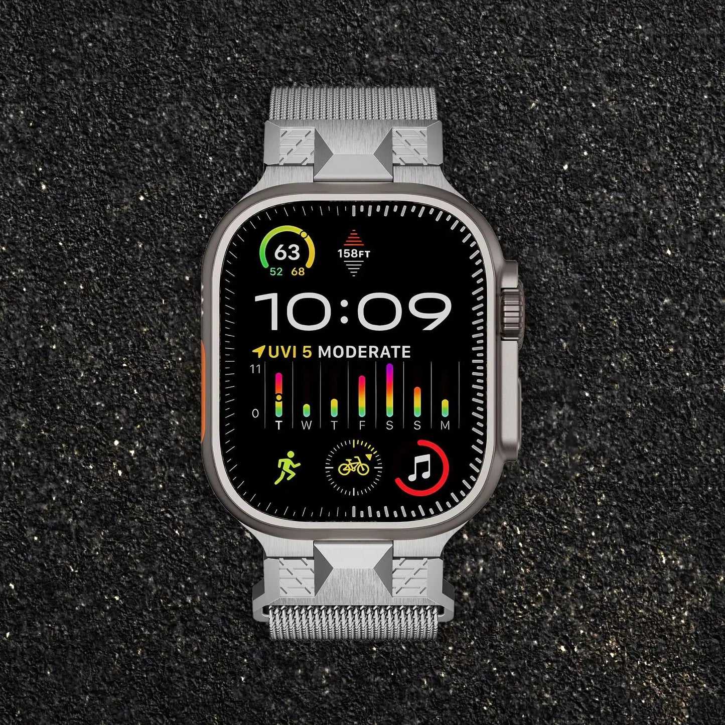 Alpha Loop band on Apple Watch displaying fitness metrics, featuring a Milanese Loop design for style and functionality.