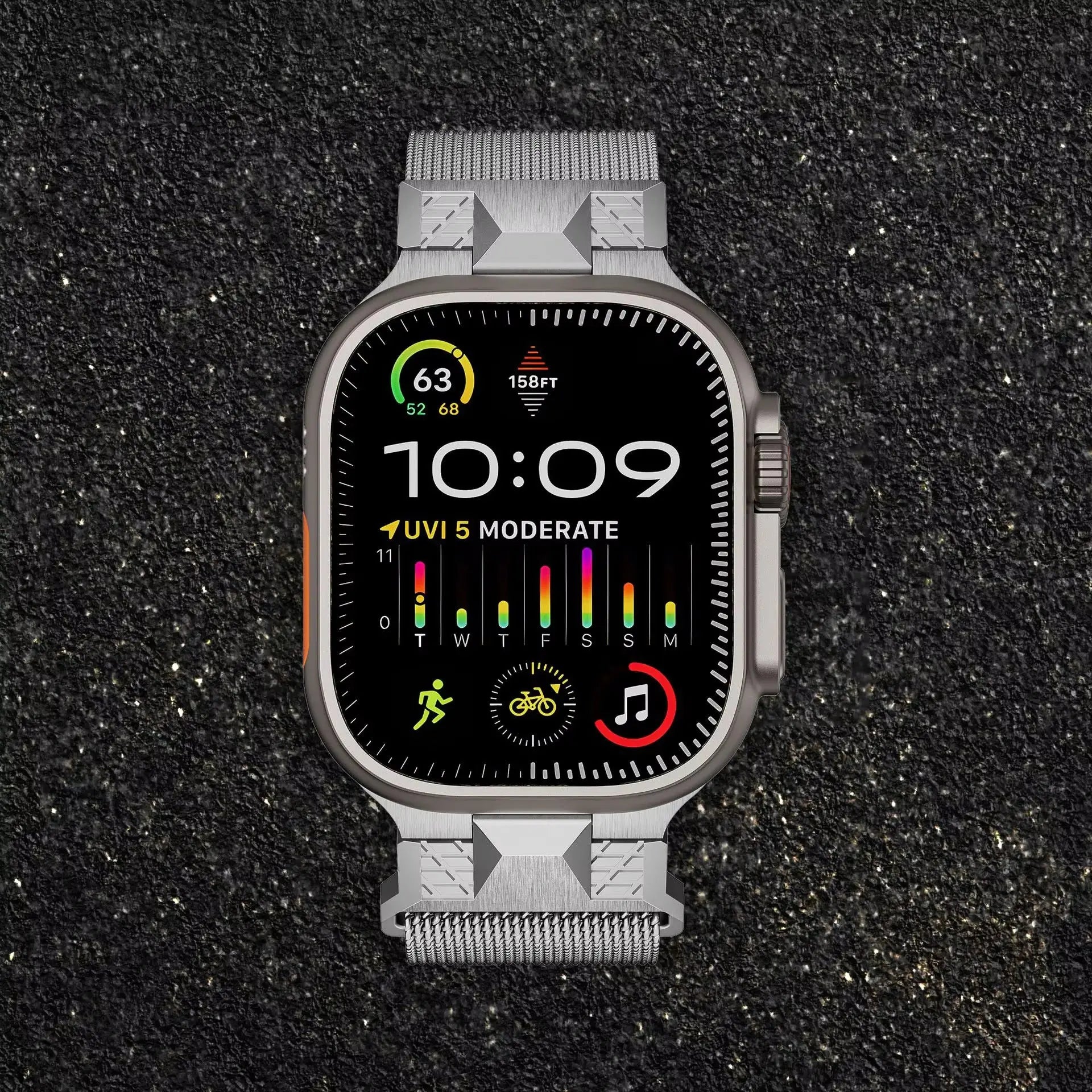 Alpha Loop band on Apple Watch displaying fitness metrics, featuring a Milanese Loop design for style and functionality.