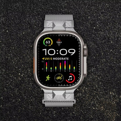 Alpha Loop band on Apple Watch displaying fitness metrics, featuring a Milanese Loop design for style and functionality.