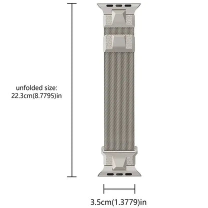 Alpha Loop Milanese band for Apple Watch with ultra-strong magnetic clasp, showcasing sleek design and precise dimensions.