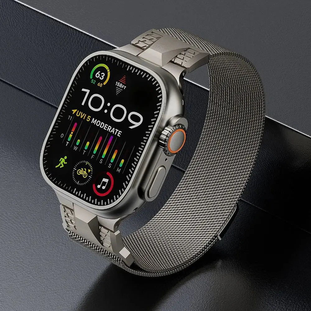 Apple Watch with Alpha Loop band, featuring a sleek Milanese design and advanced fitness tracking display.