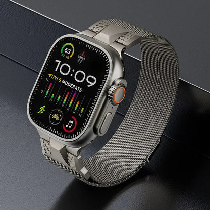Apple Watch with Alpha Loop band, featuring a sleek Milanese design and advanced fitness tracking display.