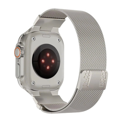 Apple Watch with Milanese Loop band, showcasing ultra-strong magnetic clasp and elegant design.