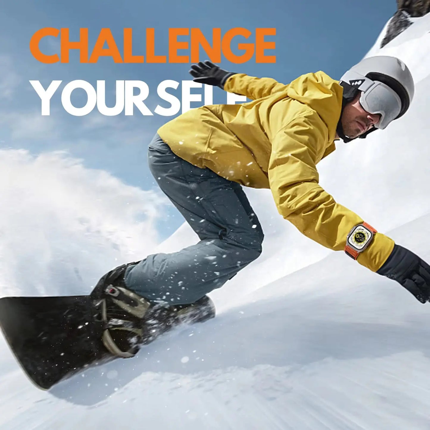 Snowboarder wearing Tactical Nylon Loop Bands for Apple Watch, showing durability and style in action on the slopes.