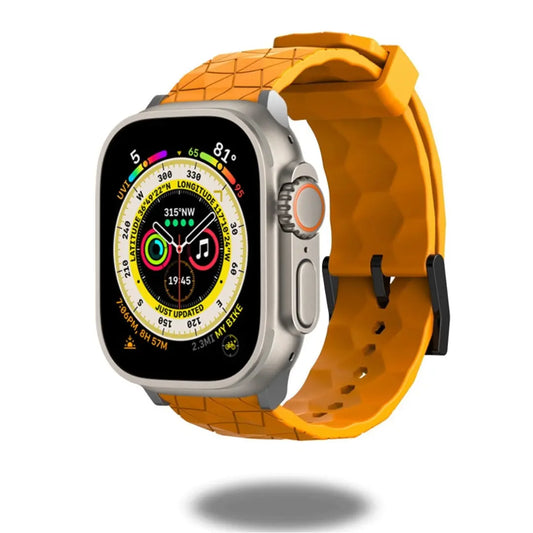 Silicone rugged Apple Watch band in bright orange with hexagon pattern, ideal for soccer lovers and active lifestyles.
