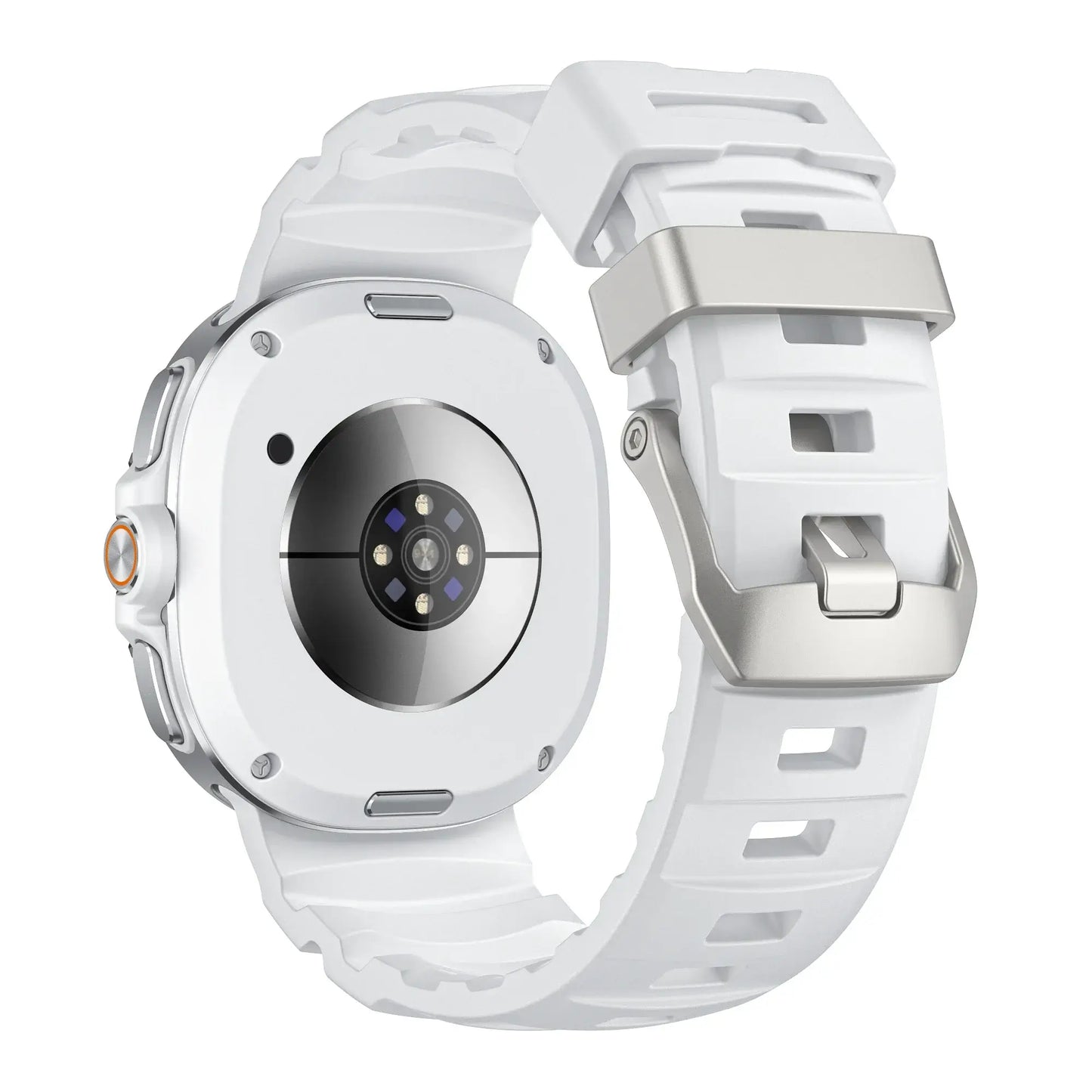 Sports Silicon Rugged Samsung Galaxy Watch 8 Band in white with a secure buckle and sporty design.