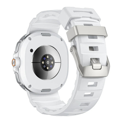 Sports Silicon Rugged Samsung Galaxy Watch 8 Band in white with a secure buckle and sporty design.