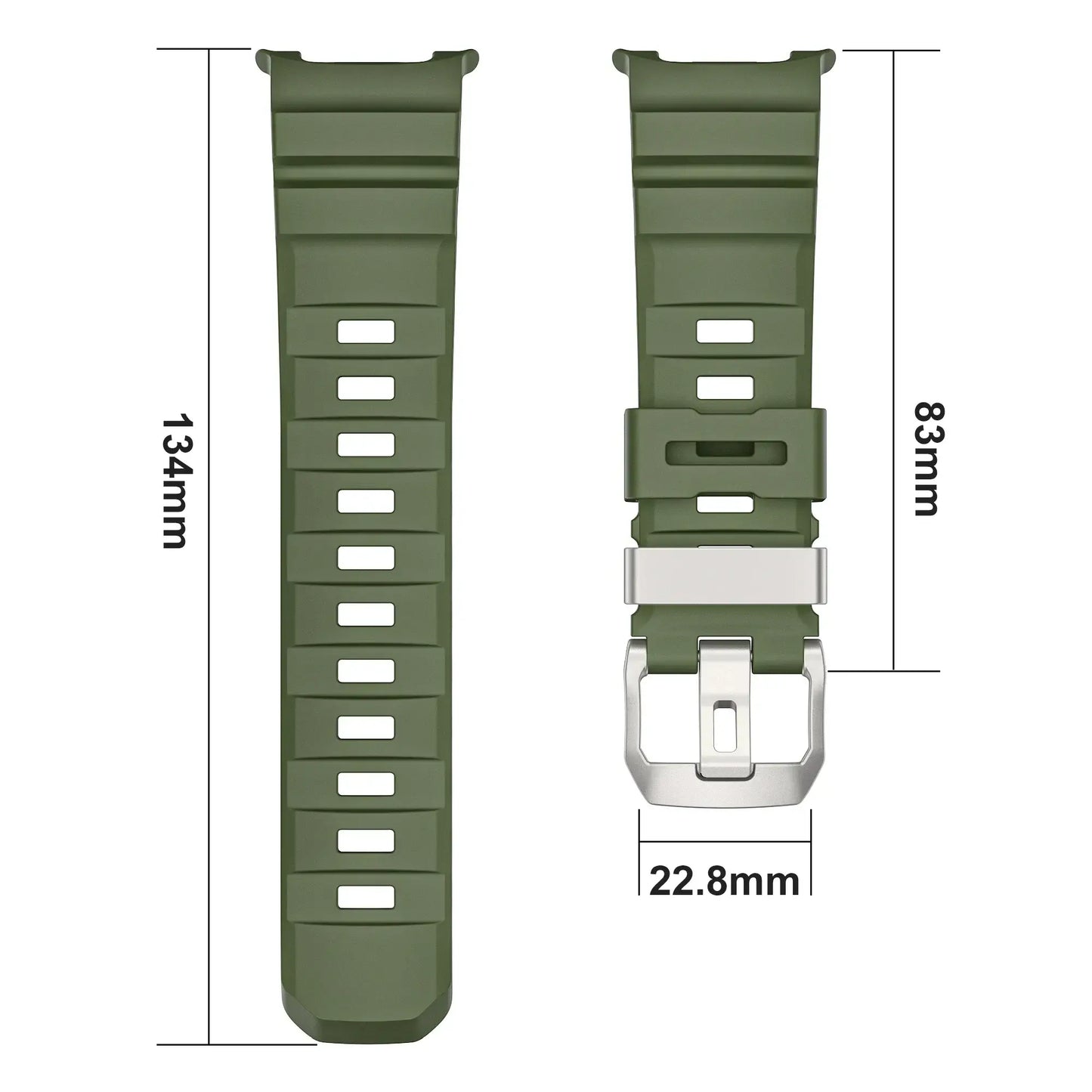 Sports Silicon Rugged Samsung Galaxy Watch 8 Band - green silicone strap with dimensions of 134mm by 83mm.