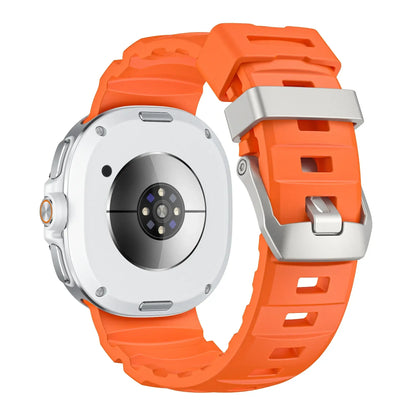 Sports Silicon Rugged Samsung Galaxy Watch 8 Band in vibrant orange color on the back of a smartwatch.
