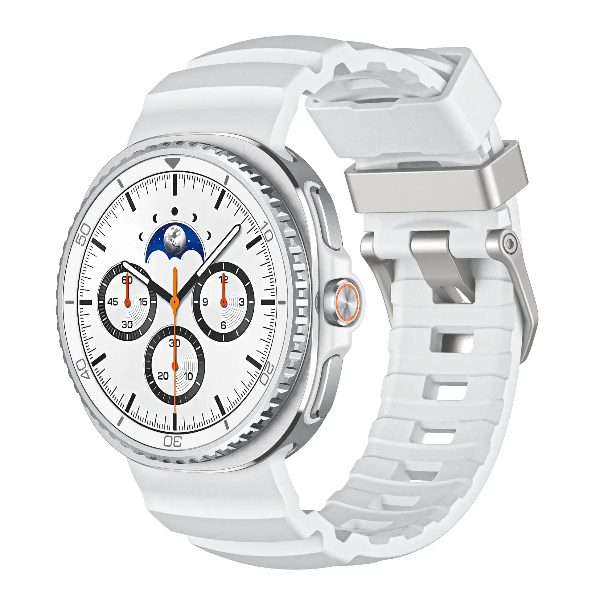 Sports Silicon Rugged Samsung Galaxy Watch 8 Band in white with a stylish watch face, perfect for workouts and outdoor wear.