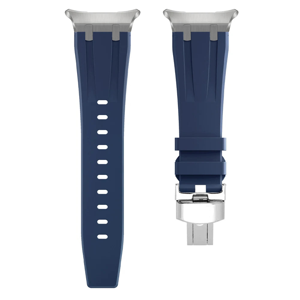 Sports Silicone Band for Samsung Galaxy Watch Ultra 47mm in navy blue, featuring no gaps link design and stainless-steel connectors.