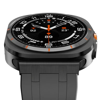 Sports Silicone Band for Samsung Galaxy Watch Ultra 47mm in close-up view with black dial and orange accents.