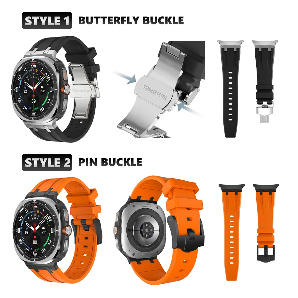 Sports Silicone Band for Samsung Galaxy Watch Ultra 47mm featuring butterfly buckle and pin buckle styles.