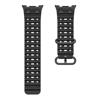 Sports Silicone Galaxy Watch 8 Bands | Ocean Soft Loop Strap 40/44/46mm in black with ventilation holes and metal buckle.