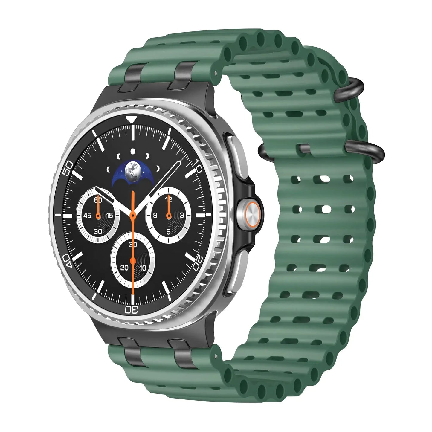Sports Silicone Galaxy Watch 8 Bands | Ocean Soft Loop Strap 40/44/46mm in green color on a stylish smartwatch.