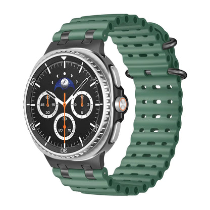 Sports Silicone Galaxy Watch 8 Bands | Ocean Soft Loop Strap 40/44/46mm in green color on a stylish smartwatch.