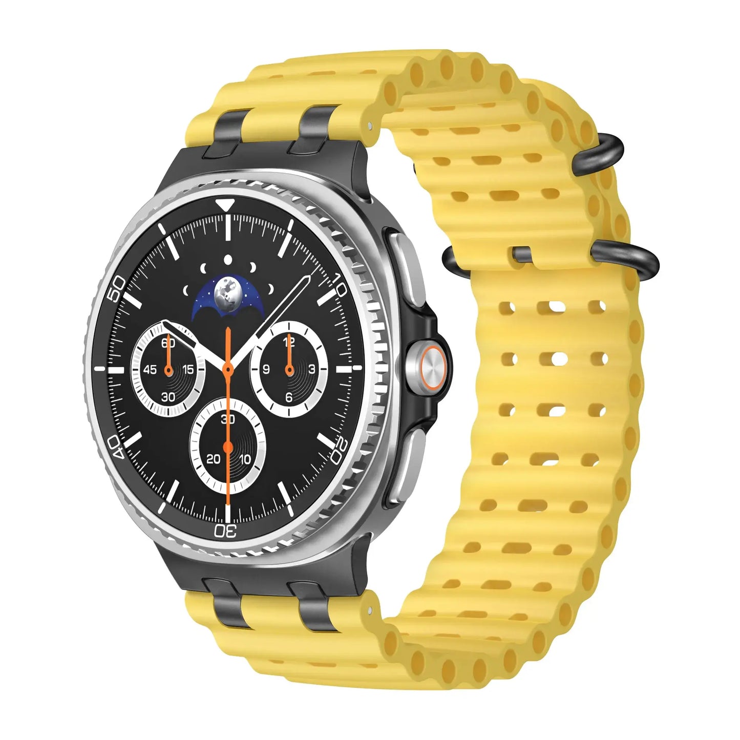Sports Silicone Galaxy Watch 8 Bands | Ocean Soft Loop Strap 40/44/46mm on a smartwatch with a yellow strap.