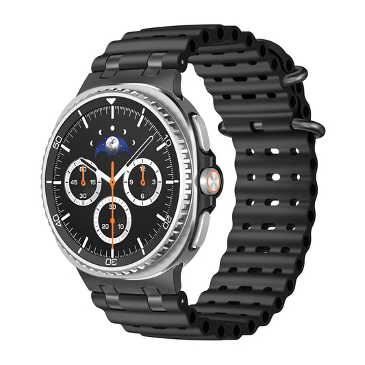 Sports Silicone Galaxy Watch 8 Bands | Ocean Soft Strap 40/44/46mm on silver and black smartwatch
