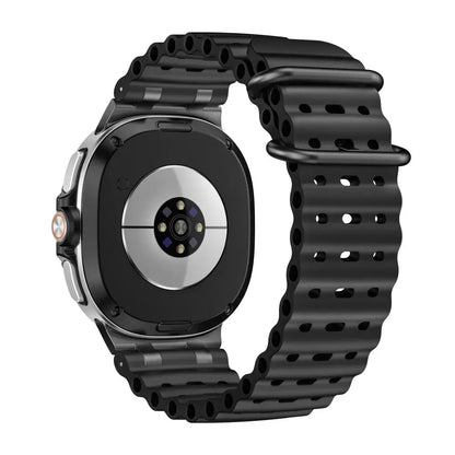 Sports Silicone Galaxy Watch 8 Bands | Ocean Soft Loop Strap 40/44/46mm on a smartwatch, showcasing the black silicone design.