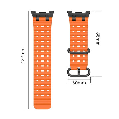 Sports Silicone Galaxy Watch 8 Bands | Ocean Soft Loop Strap 40/44/46mm in orange color with dimensions.