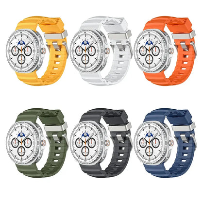 Sports Silicon Rugged Samsung Galaxy Watch 8 Band in six color options including yellow, white, orange, green, black, and blue.