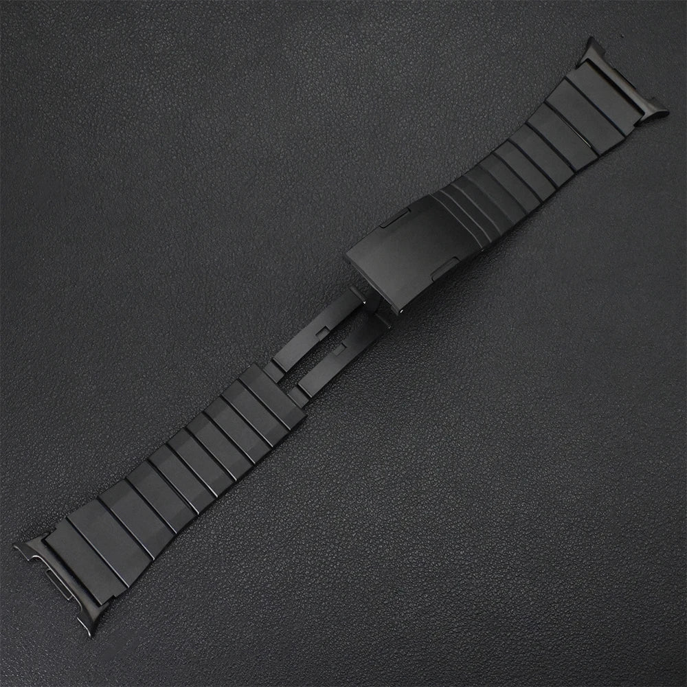 Quick Fit Stainless Steel Band for Galaxy Watch 9 and Galaxy Watch 9 and Watch 8 & Ultra 2 and 1 in sleek black design on a textured background