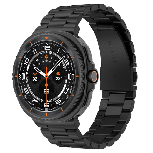 Stainless Steel Metal Band for Galaxy Watch 8 & Classic 46mm on a smartwatch with a sleek black design.