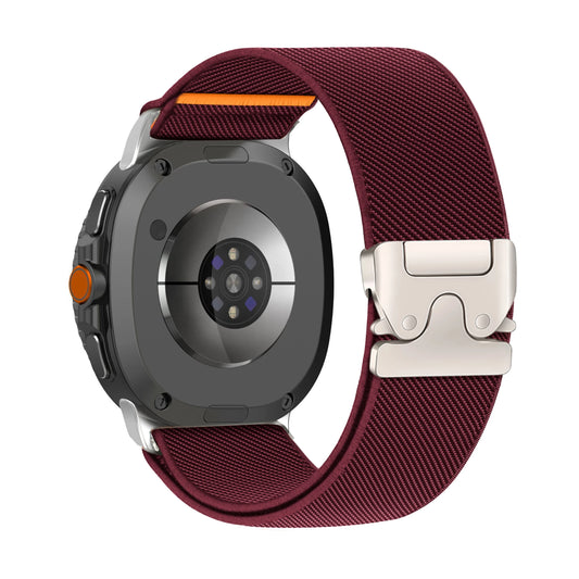 Stretchy Nylon Band for Samsung Galaxy Watch 8 & 8 Classic in burgundy color, showcasing its elastic design and secure fit.