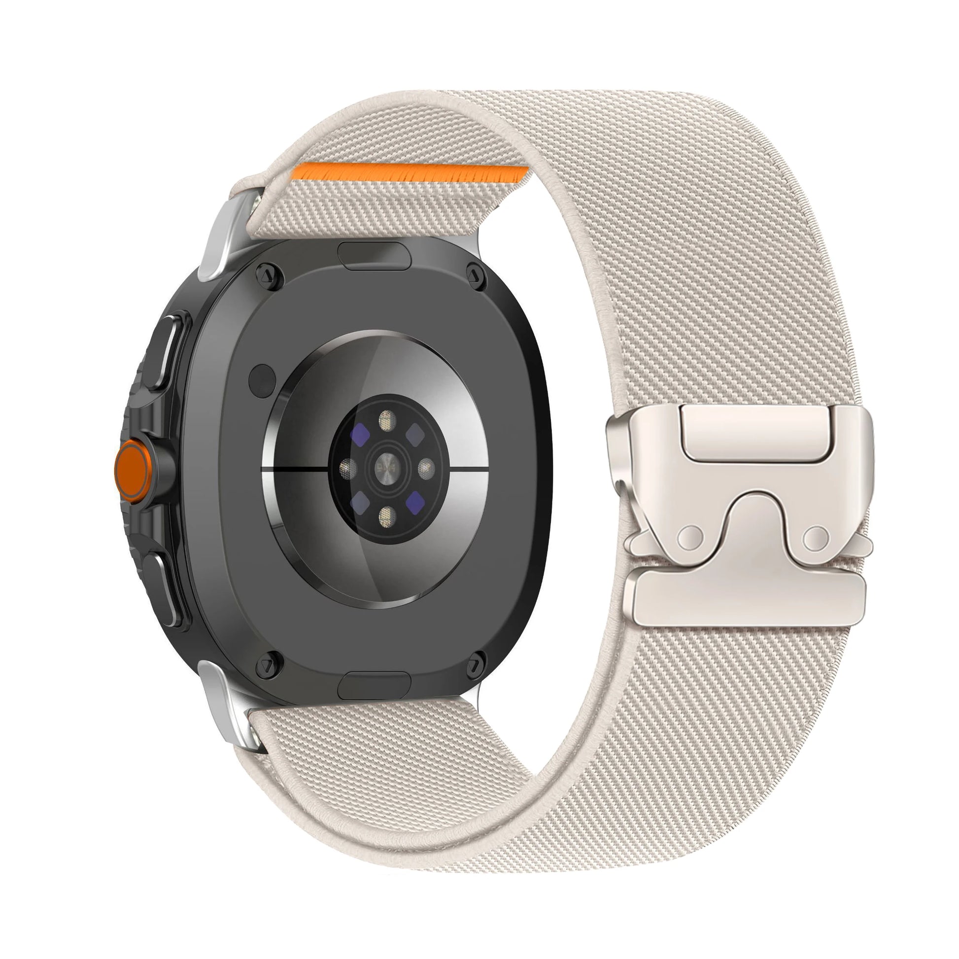 Stretchy Nylon Band for Samsung Galaxy Watch 8 & 8 Classic in beige, showing a secure fit and stylish design for everyday wear.