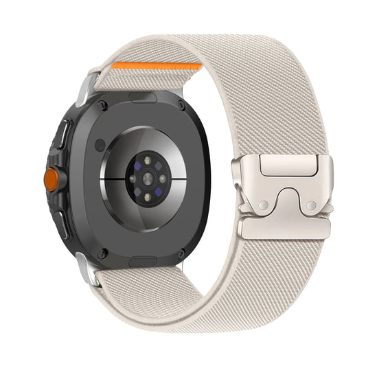 Stretchy Nylon Band for Samsung Galaxy Watch 8 & 8 Classic in beige, showing a secure fit and stylish design for everyday wear.