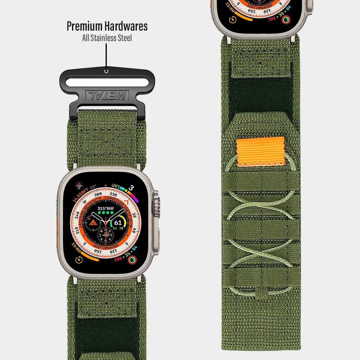 Tactical nylon loop band for Apple Watch featuring premium stainless steel hardware and rugged design in olive green.