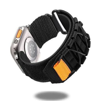 Tactical nylon loop band for Apple Watch, featuring heavy-duty design and secure stainless steel buckle, perfect for outdoor activities.
