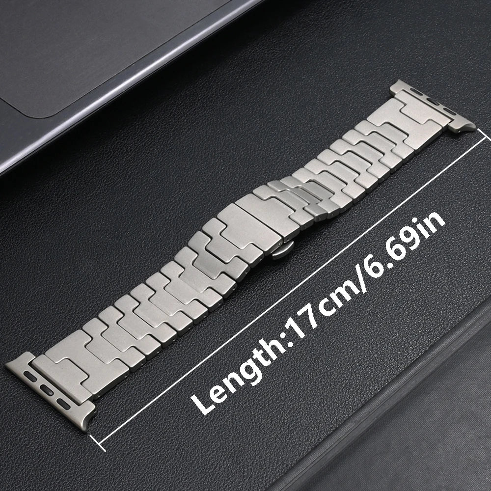 Titanium Apple Watch Band Ultra 3/Series 11/SE – Luxury Bracelet displayed on a black surface with length measurement.
