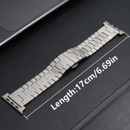 Titanium Apple Watch Band Ultra 3/Series 11/SE – Luxury Bracelet displayed on a black surface with length measurement.