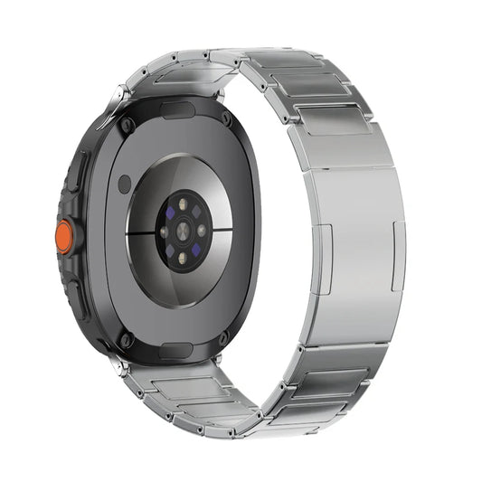 Titanium No-Gap Band for Galaxy Watch 8/8 Classic/Ultra 47mm displayed on the watch's back for seamless fit and style.
