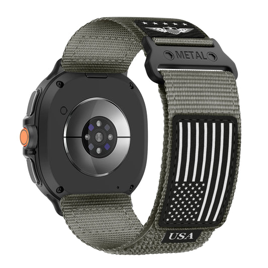 Trail Loop Nylon Band for Galaxy Watch 8 & 8 Classic 46mm on a black smartwatch with a USA flag design.