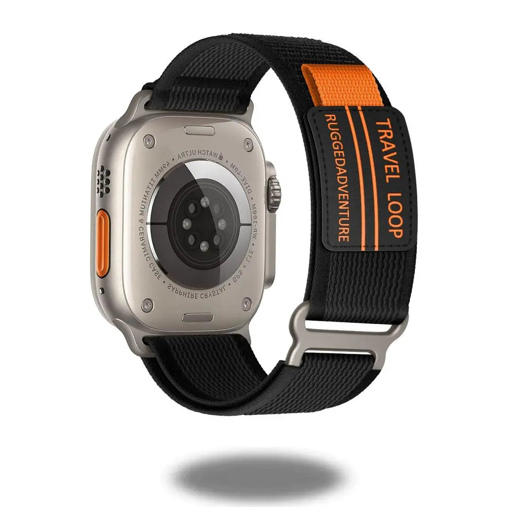 Travel Loop for Apple Watch featuring a rugged design with adjustable stainless steel loop and sporty hook and loop fastener.