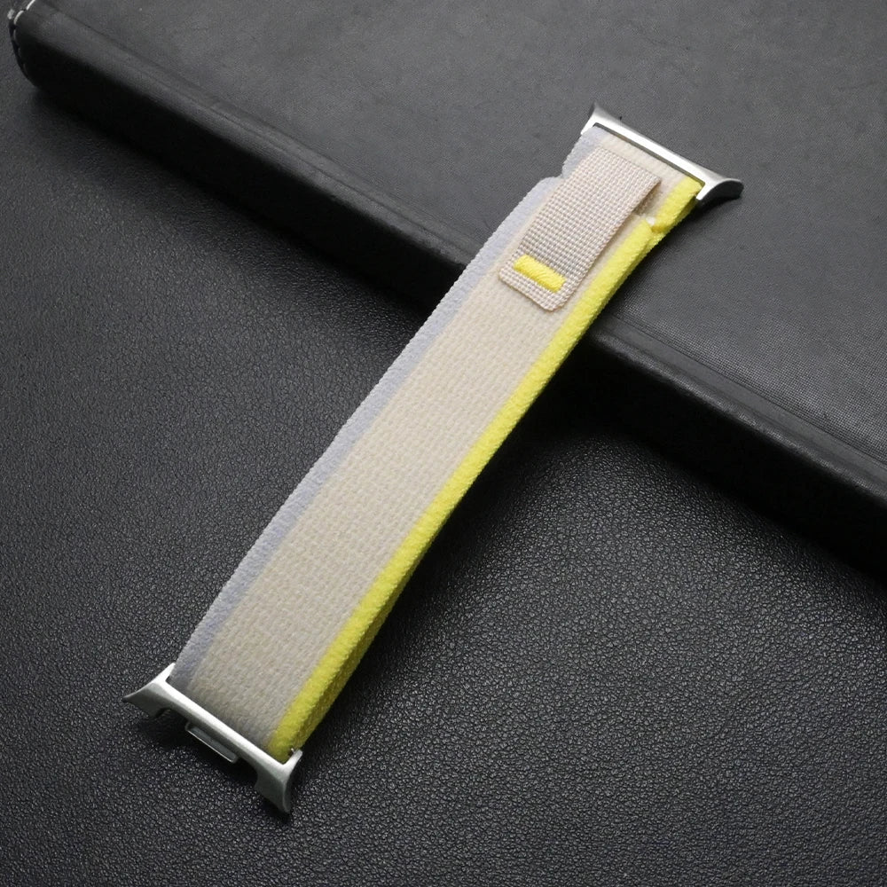 Travel Nylon Sport Loop Band for Galaxy Watch 8 & Ultra 47mm in light gray and yellow color