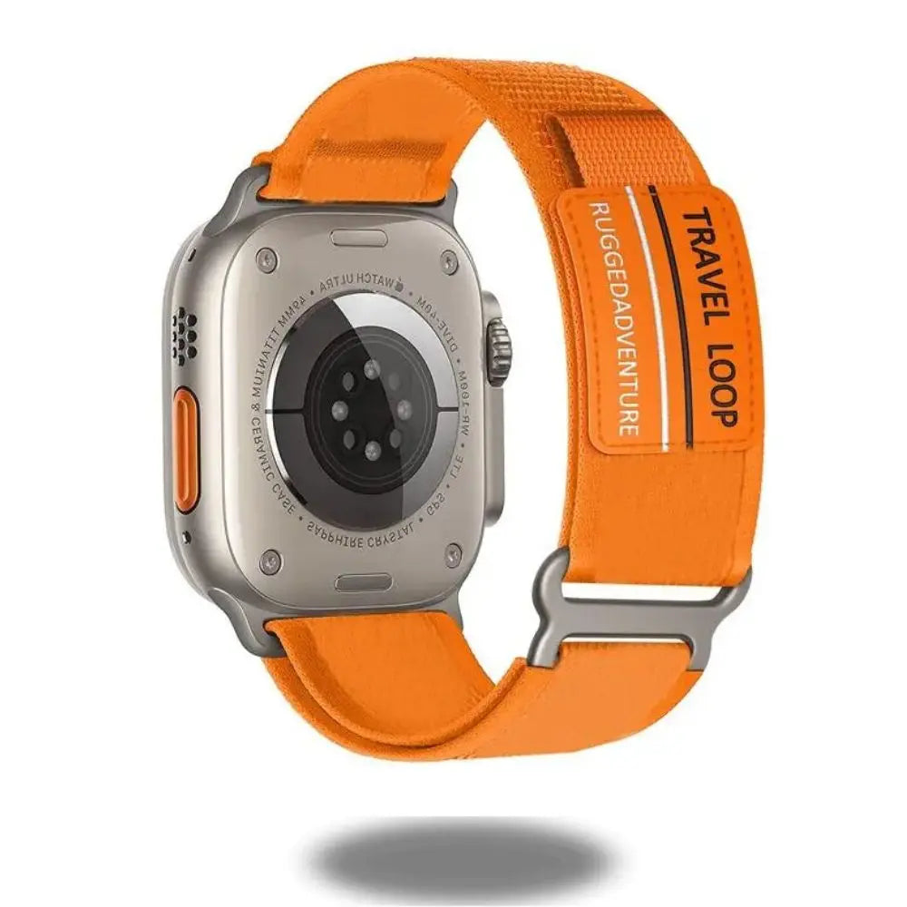 Travel Loop for Apple Watch with rugged orange design, adjustable stainless steel loop, perfect for adventurers.