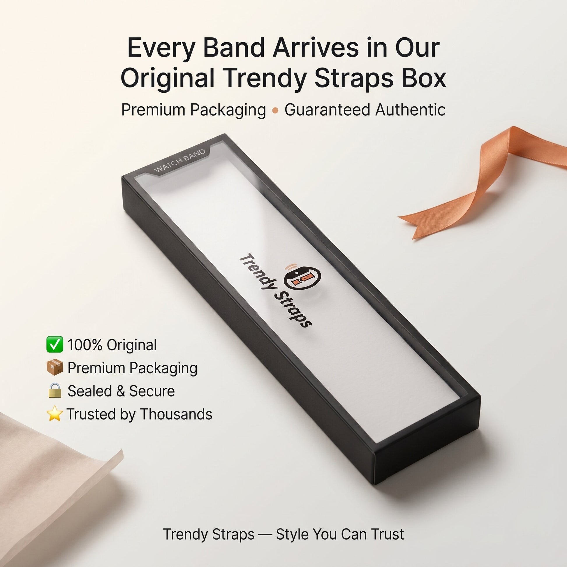 Trendy Straps packaging box with branding and product details on a light background