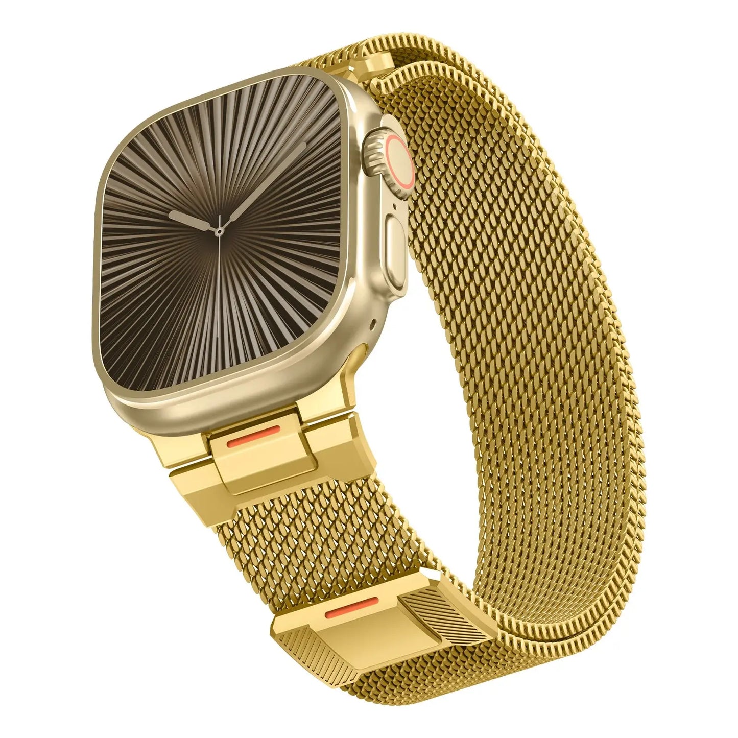 Gold Milanese Mesh Loop for Apple Watch with elegant design showcasing luxury and style.