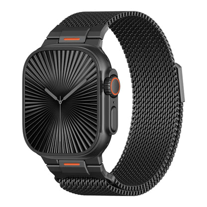 Upgraded Milanese Mesh Loop for Apple Watch in black, featuring a sleek woven design and elegant fitness style.