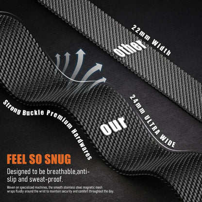 Upgraded Milanese Mesh Loop comparing 22mm vs 24mm width, showcasing breathable, anti-slip design for Apple Watch.