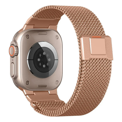 Upgraded Milanese Mesh Loop for Apple Watch in rose gold, showcasing sleek woven design and functional elegance.