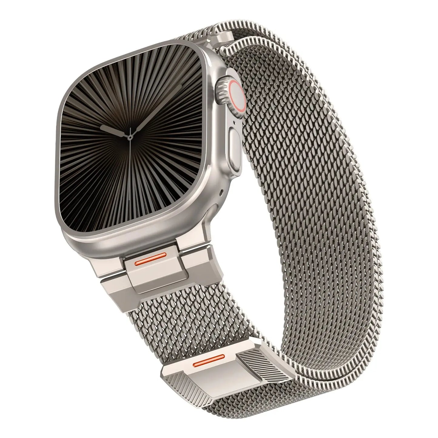 Sleek upgraded Milanese mesh loop for Apple Watch showcased on stylish wrist, featuring modern stainless steel design.