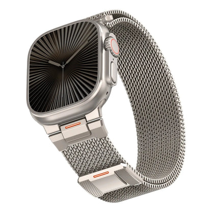 Sleek upgraded Milanese mesh loop for Apple Watch showcased on stylish wrist, featuring modern stainless steel design.