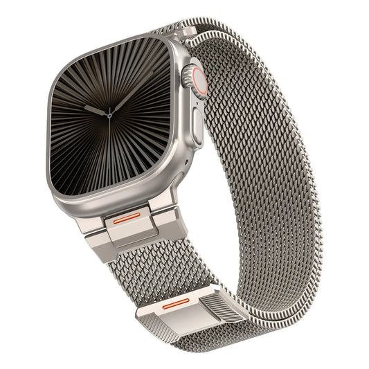 Upgraded Milanese Mesh Loop for Apple Watch styled on a silver watch, showcasing its sleek design and premium stainless steel.