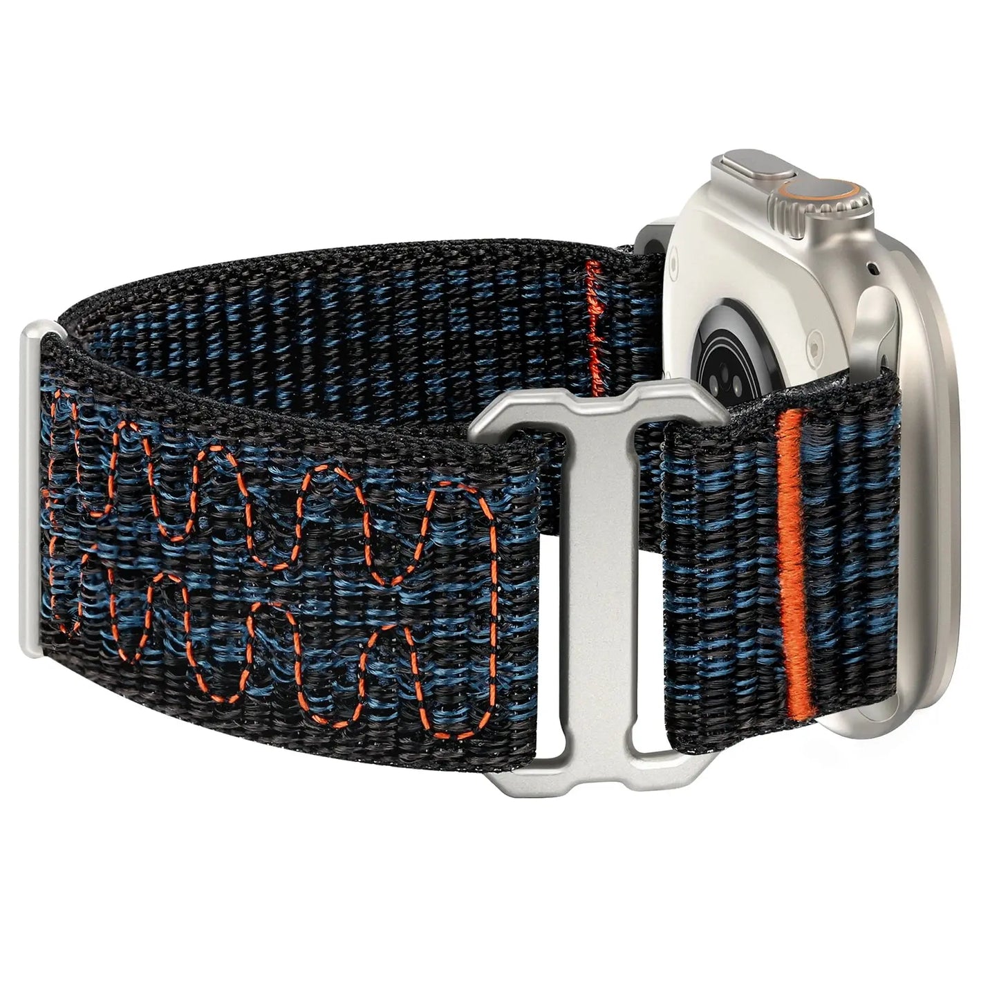 Upgraded Sport Loop Band for Apple Watch with black and blue nylon material and orange stitching, compatible with various iWatch models.